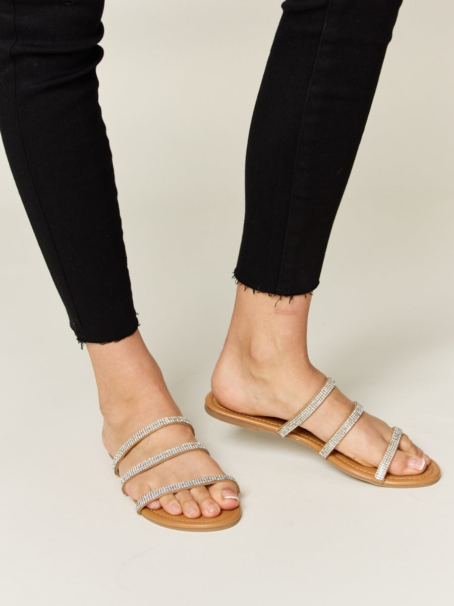 WILD DIVA Rhinestone Three-Strap Flat Sandals - Opulent Empire