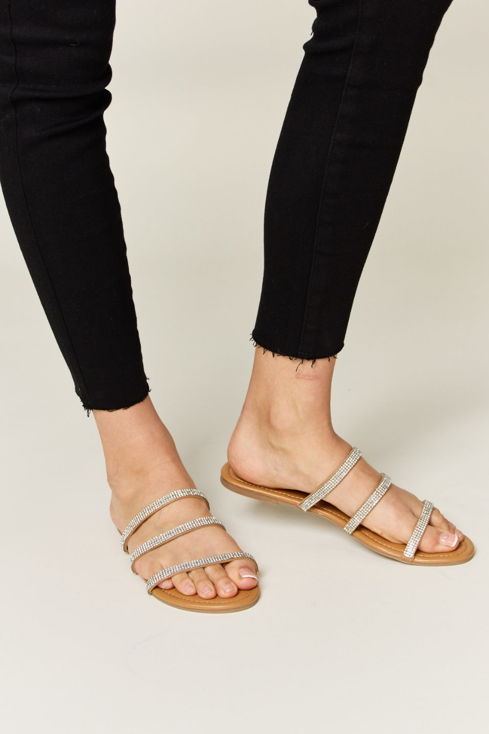 Blaise Montclair — WILD DIVA Rhinestone Three-Strap Flat Sandals TAN Fashion Footwear, alternate view 3