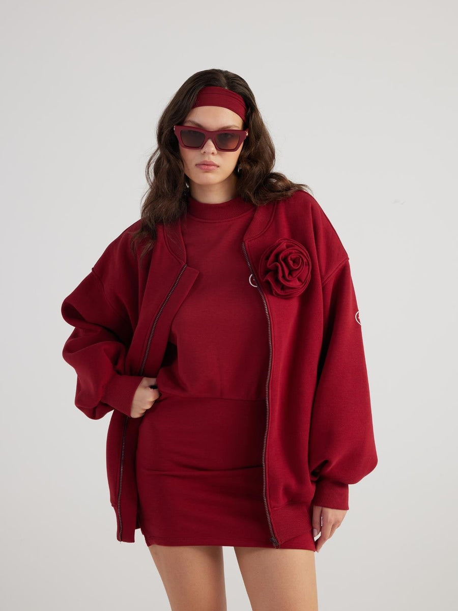 Alexa Burgundy Oversize Bomber Jacket with Removable Rose Accessory