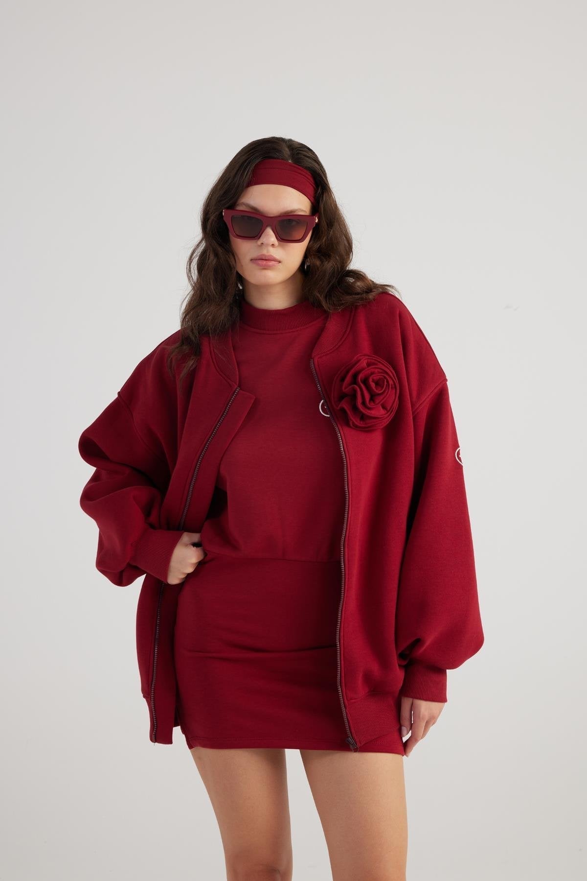 Alexa — Burgundy Oversize Bomber Jacket with Removable Rose Accessory, alternate view 3