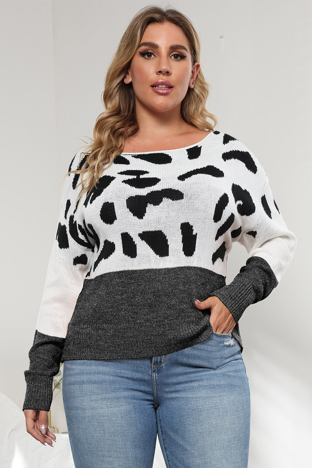Reese Delacroix — Plus Size Leopard Round Neck Long Sleeve Sweater, alternate view 3