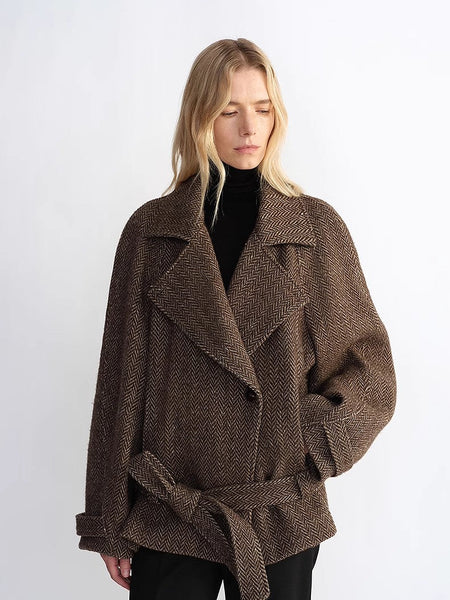 "Warm Cocoon" Italian Herringbone Wool Classic Lapel Micro-coon Short Wool Coat for Women