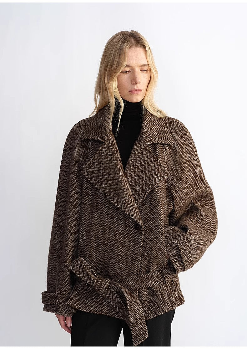 Ciel Monaco — "Warm Cocoon" Italian Herringbone Wool Classic Lapel Micro-coon Short Wool Coat, alternate view 5