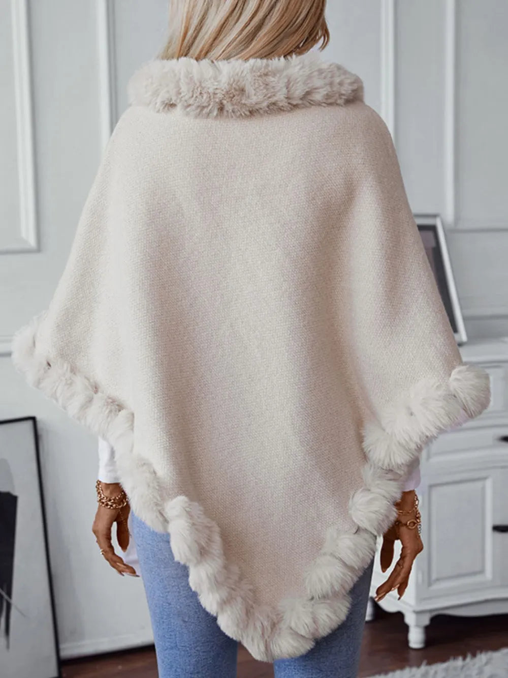 Reese Versailles — Fuzzy Trim Texture Three-Quarter Sleeve Poncho, alternate view 2