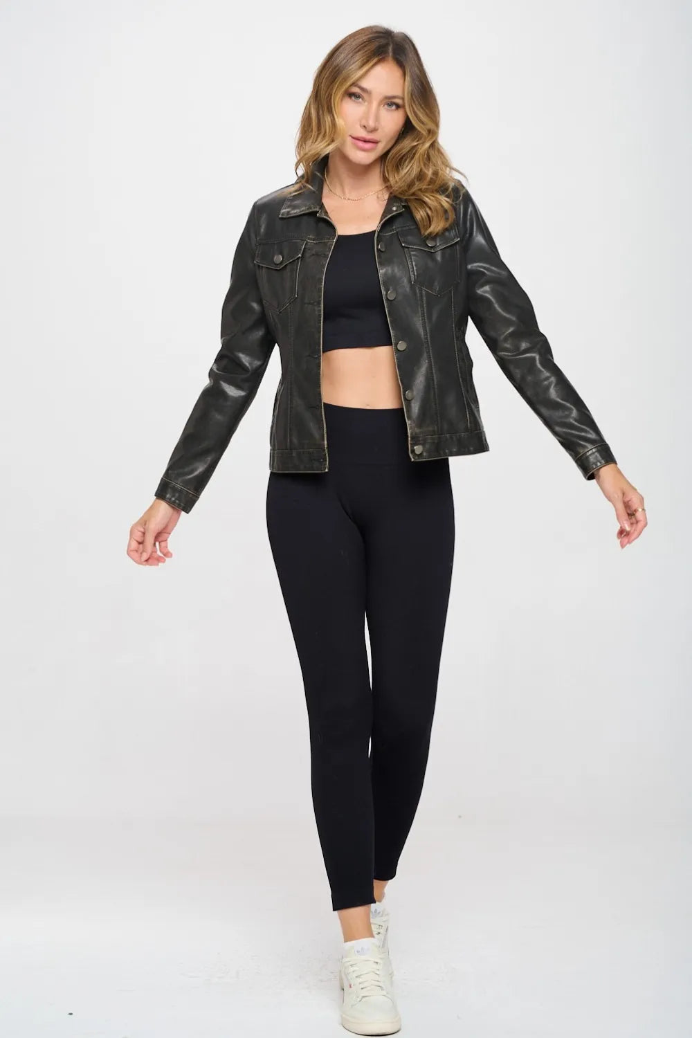 Blaise Saint-Clair — Coalition LA Button Down Cargo Vegan Leather Shacket Black Shirt, alternate view 4