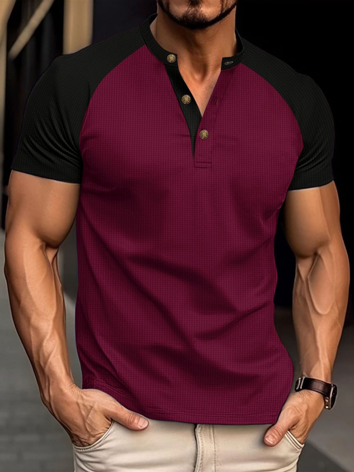 Pascal — Men's Full Size Waffle-Knit Round Neck Contrast Polo Plus Size, alternate view 3