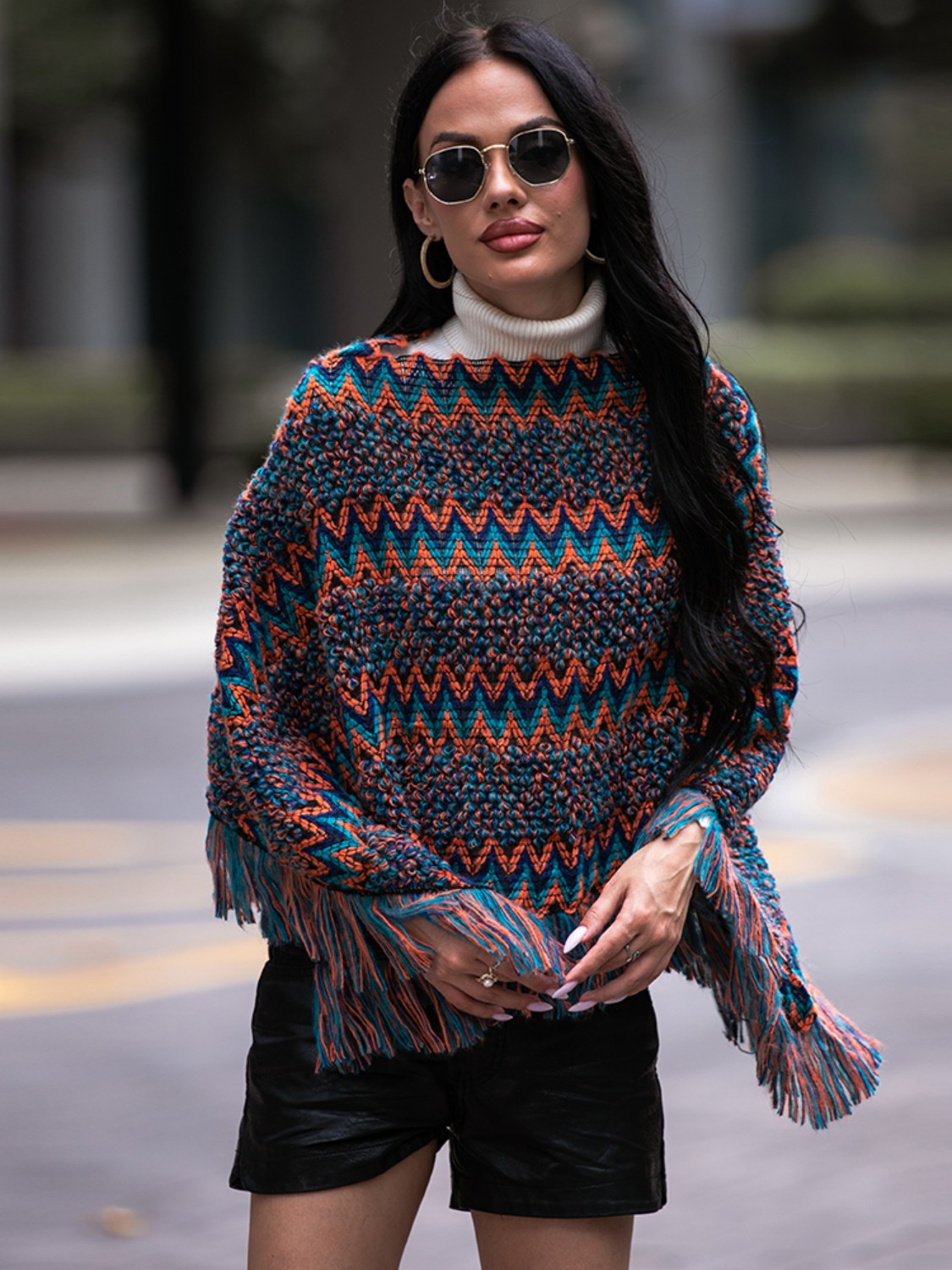Harbor Versailles — Shiny Fringe Hem Boat Neck Poncho, alternate view 4