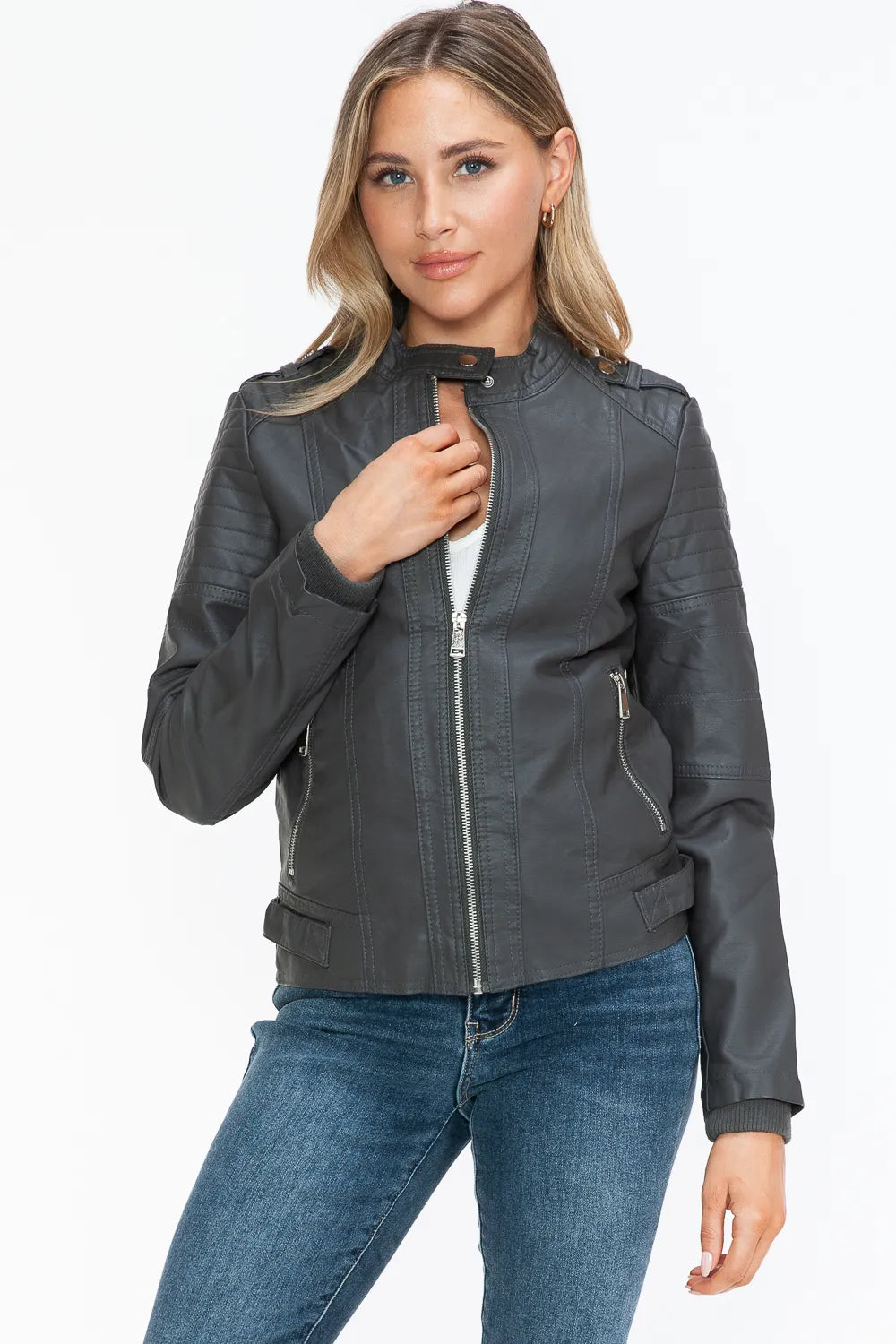 Jules Rosetti — Snobbish PU Leather Biker Jacket with Side Zip Pockets, alternate view 10