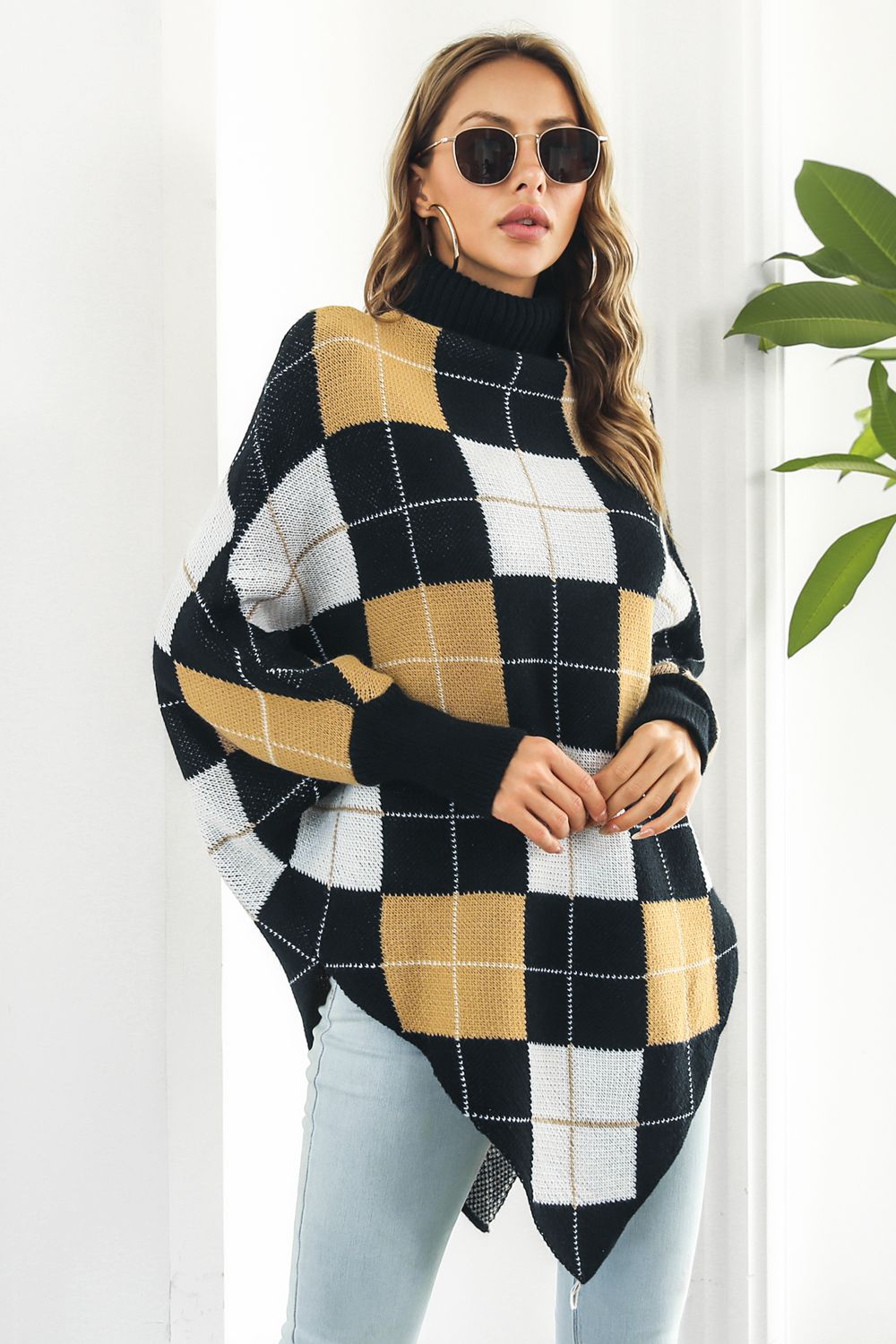 Gray Versailles — Plaid Turtleneck Dolman Sleeve Poncho