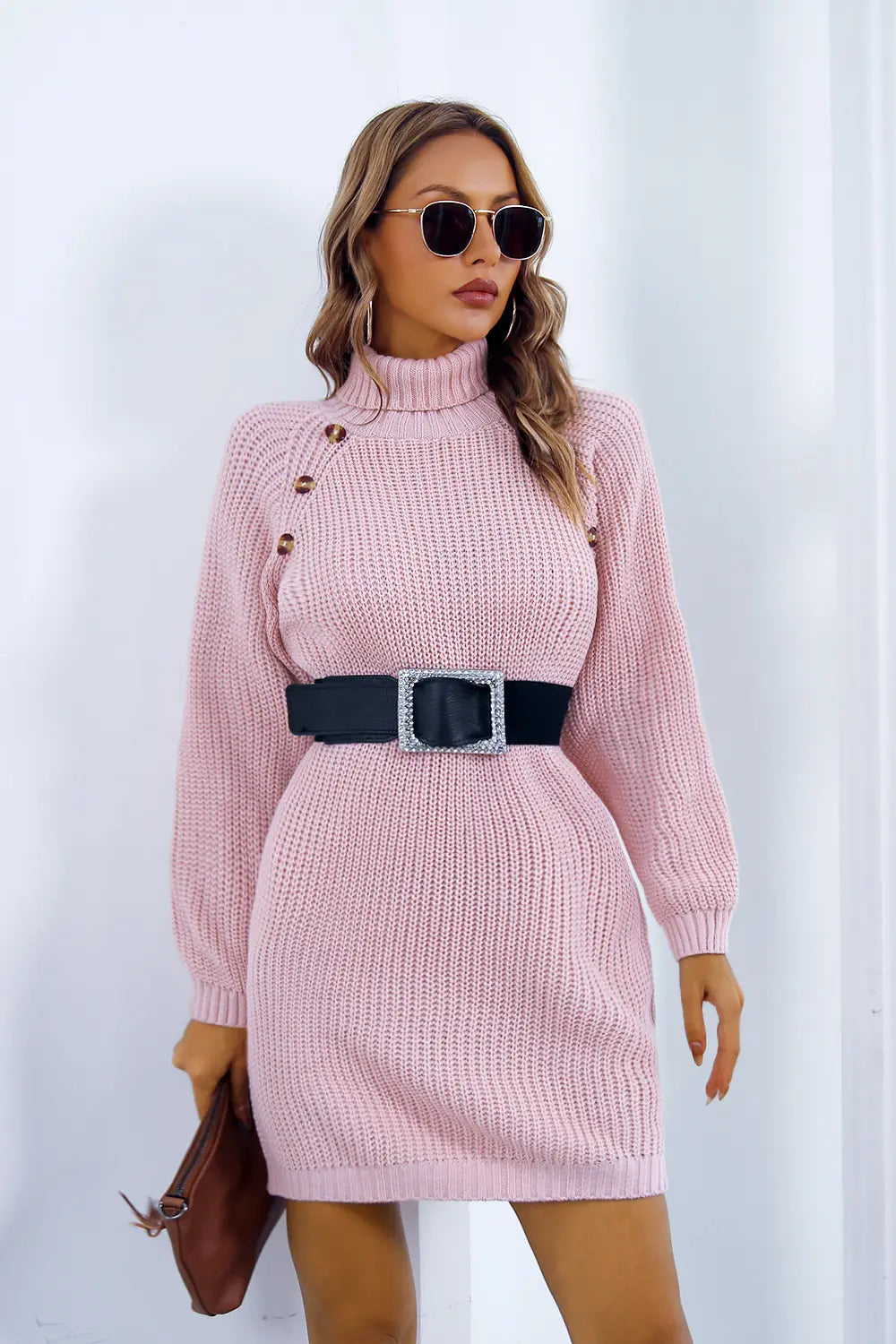 Onyx Fontaine — Buttoned Turtleneck Long Sleeve Sweater Dress, alternate view 9