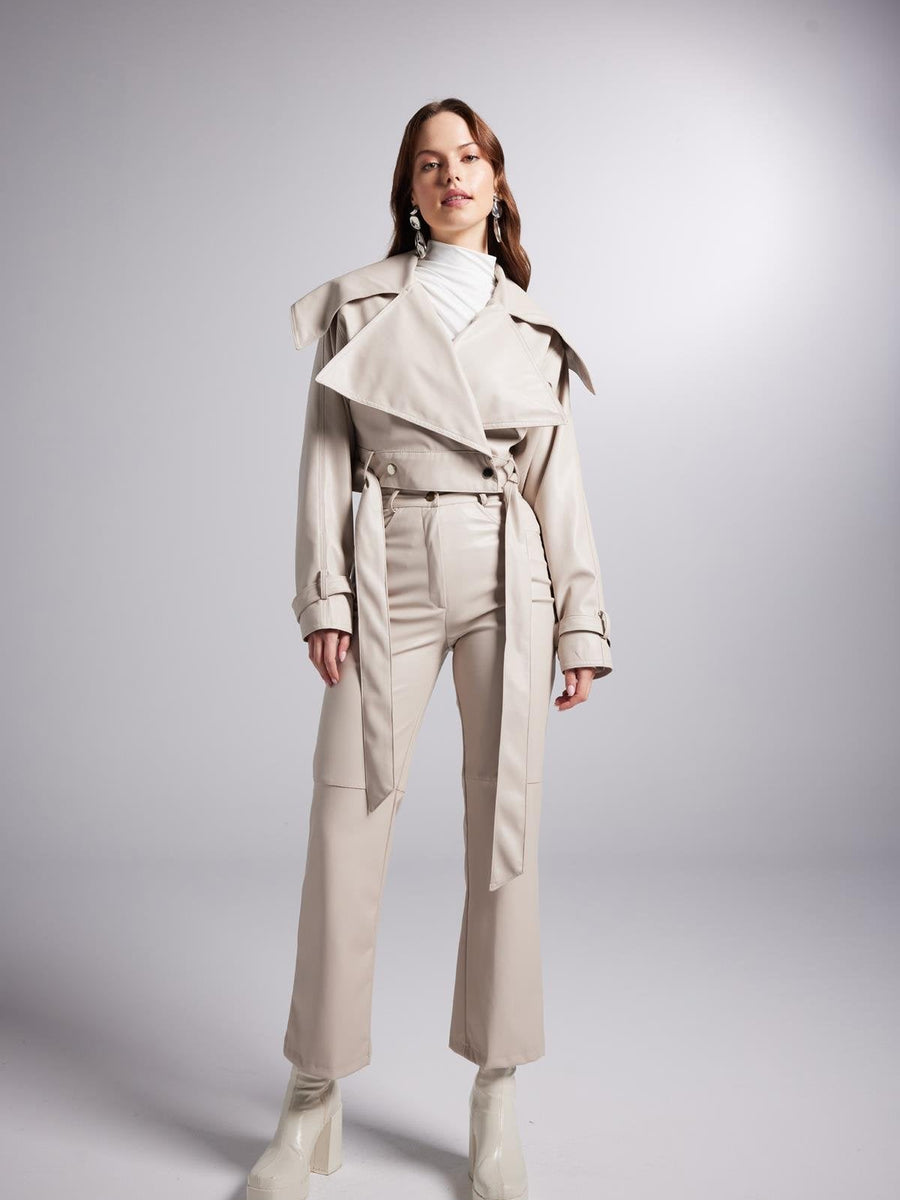 Neeko Beige Faux Leather Cropped Jacket-3