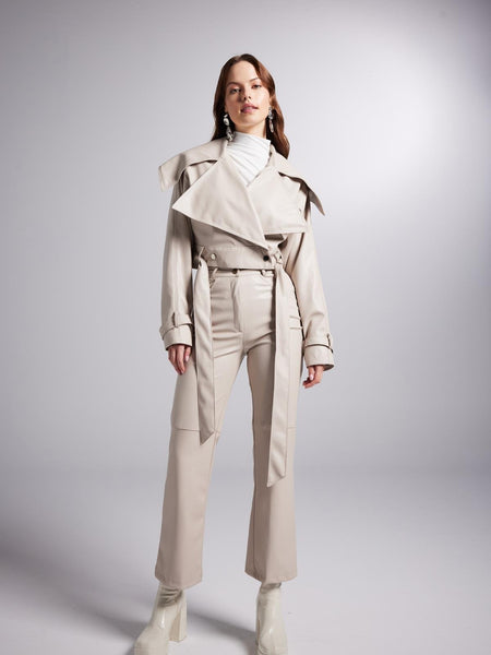 Neeko Beige Faux Leather Cropped Jacket-3