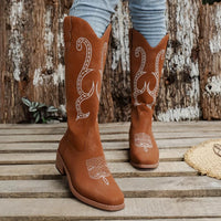 Perrin Marino — Embroidered Round Toe Block Heels Boots Fashion Footwear, alternate view 7