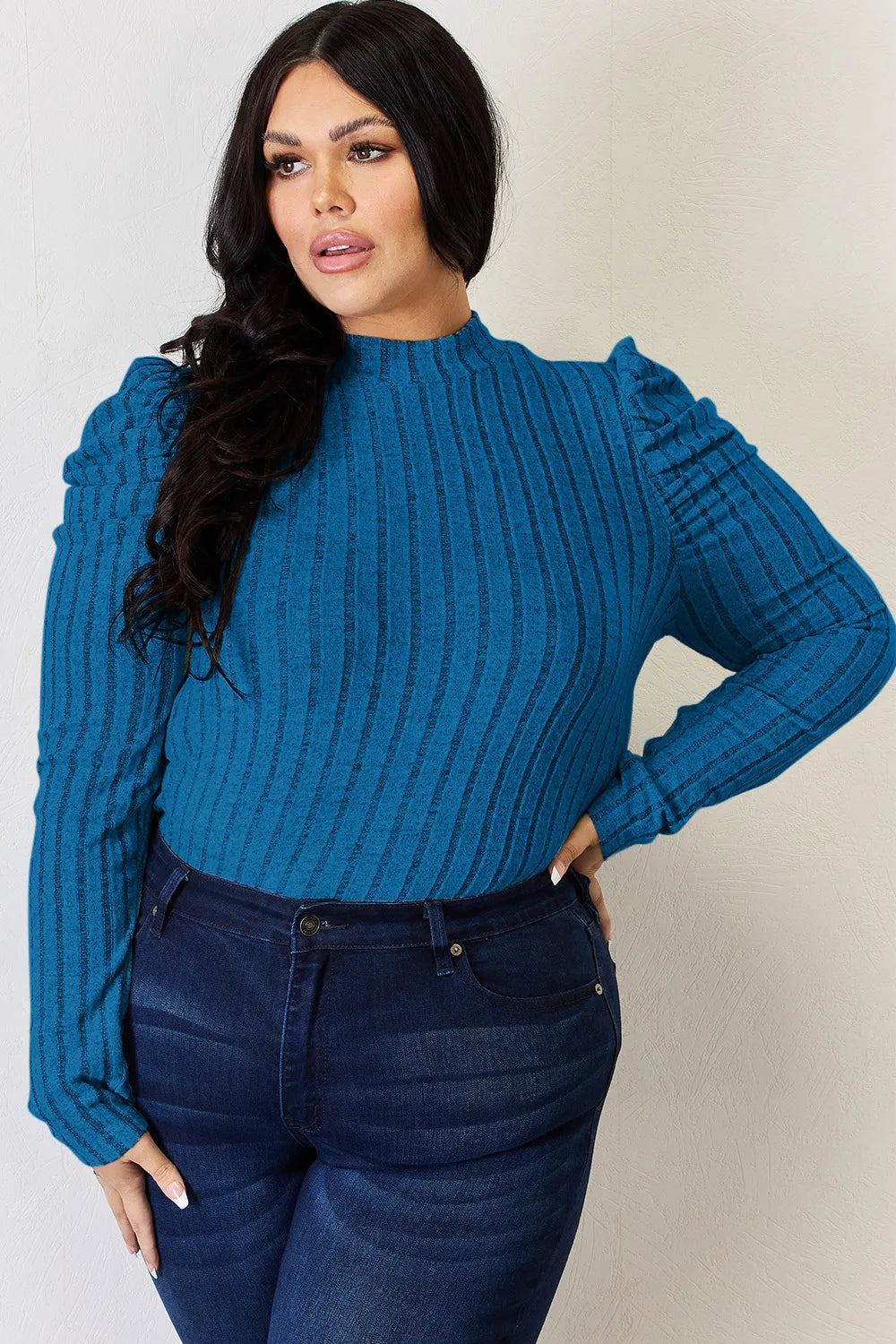 Ciel Delacroix — Basic Bae Full Size Ribbed Mock Neck Puff Sleeve T-Shirt, alternate view 12