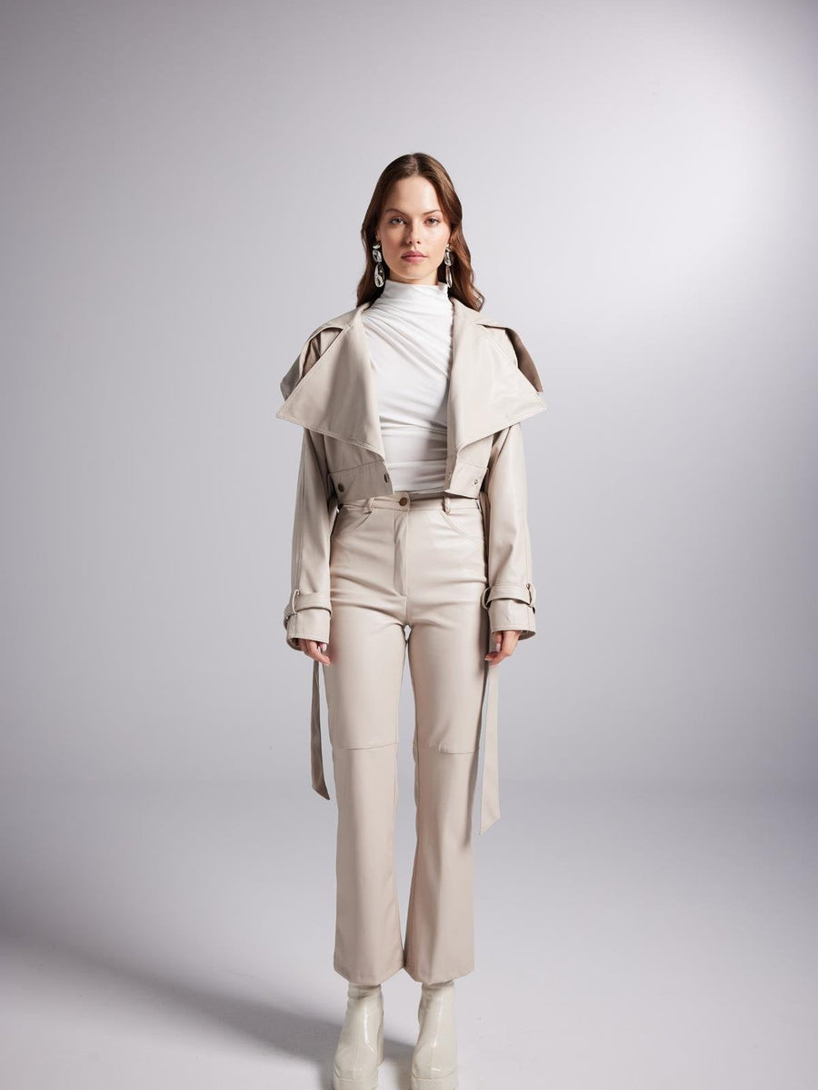 Neeko Beige Faux Leather Cropped Jacket-4