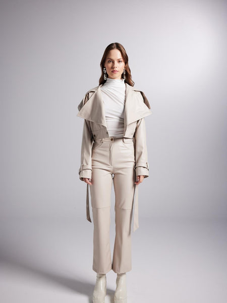 Neeko Beige Faux Leather Cropped Jacket-4