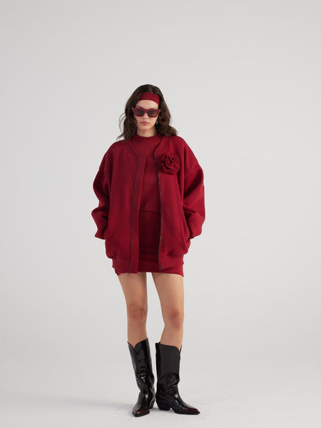 Alexa Burgundy Oversize Bomber Jacket with Removable Rose Accessory