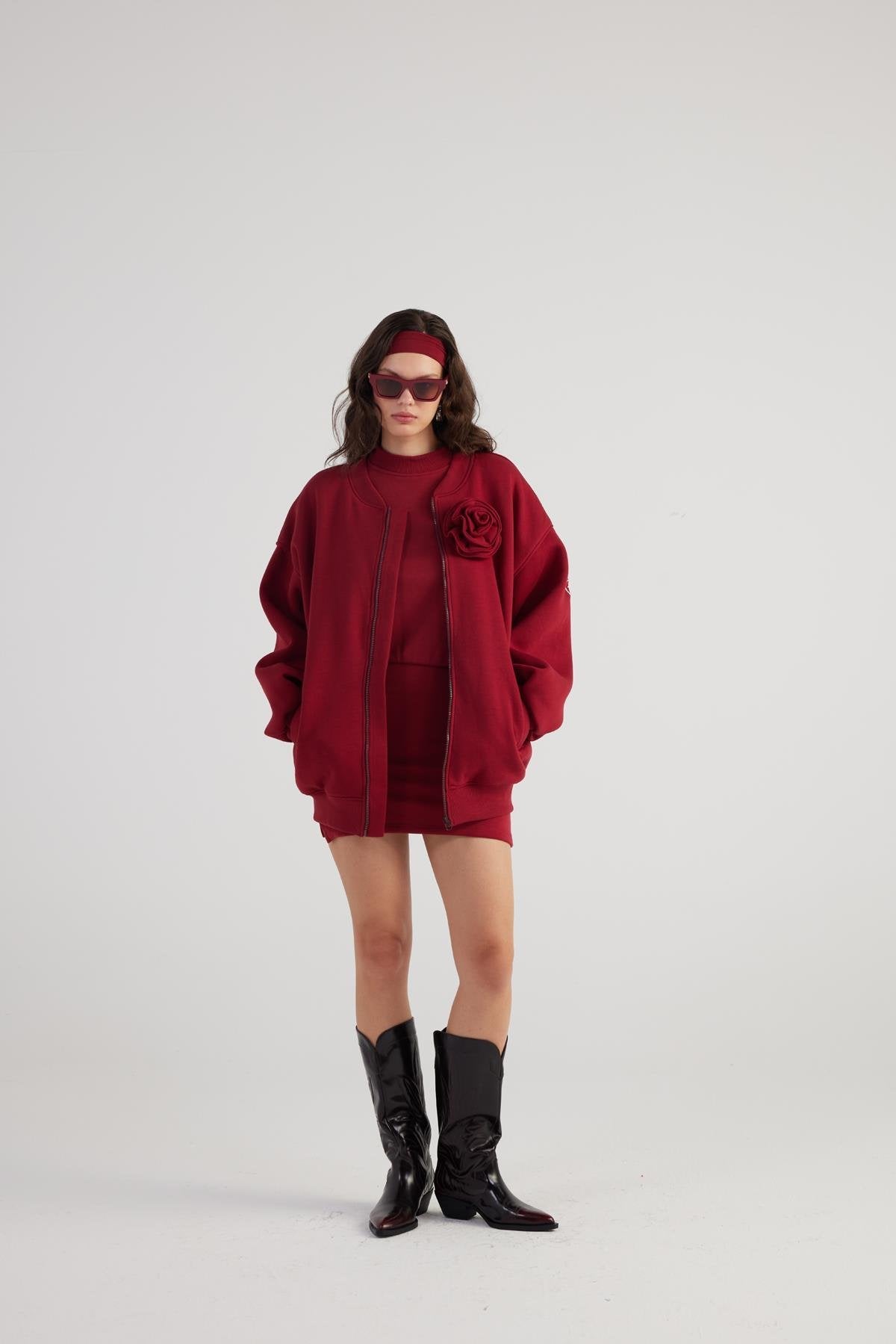 Alexa — Burgundy Oversize Bomber Jacket with Removable Rose Accessory, alternate view 4