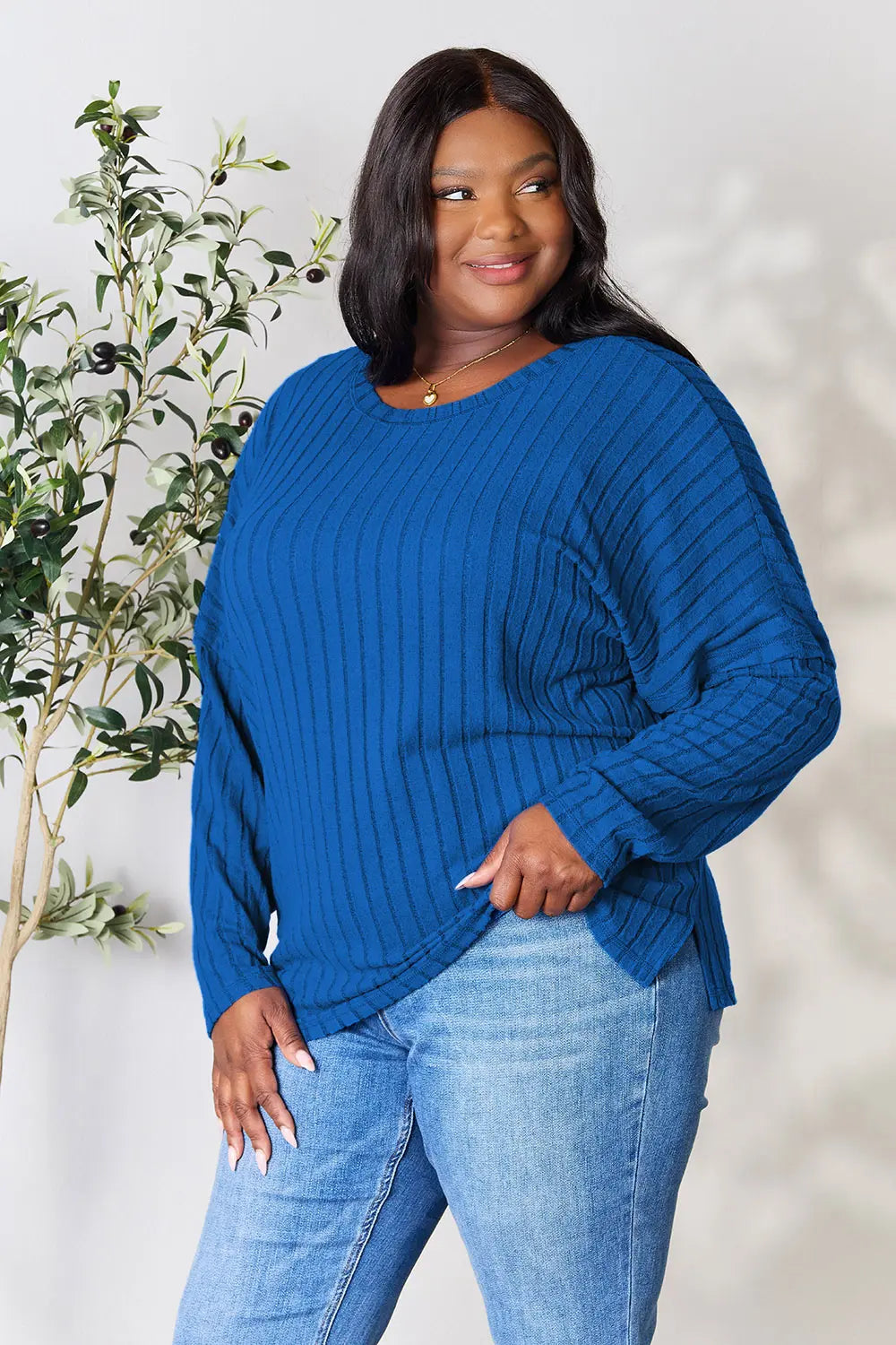 Vale Delacroix — Basic Bae Full Size Ribbed Round Neck Slit Knit Top, alternate view 5