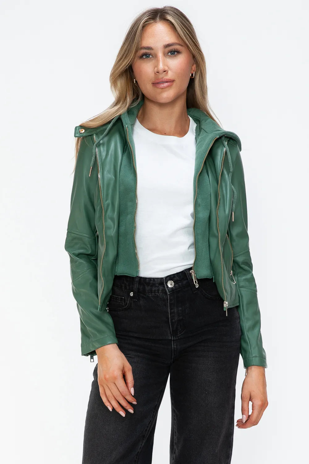 Winter Rosetti — Snobbish Faux Leather Zip Up Drawstring Hooded Jacket, alternate view 15