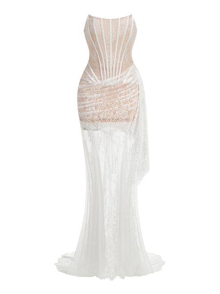 Maxikleid aus Spitze mit Rüschen und Drapierungen
