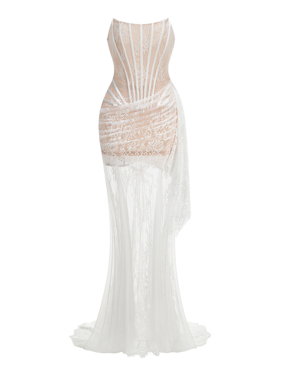 Indigo Siena — Frill Draped Lace Maxi Dress, alternate view 2