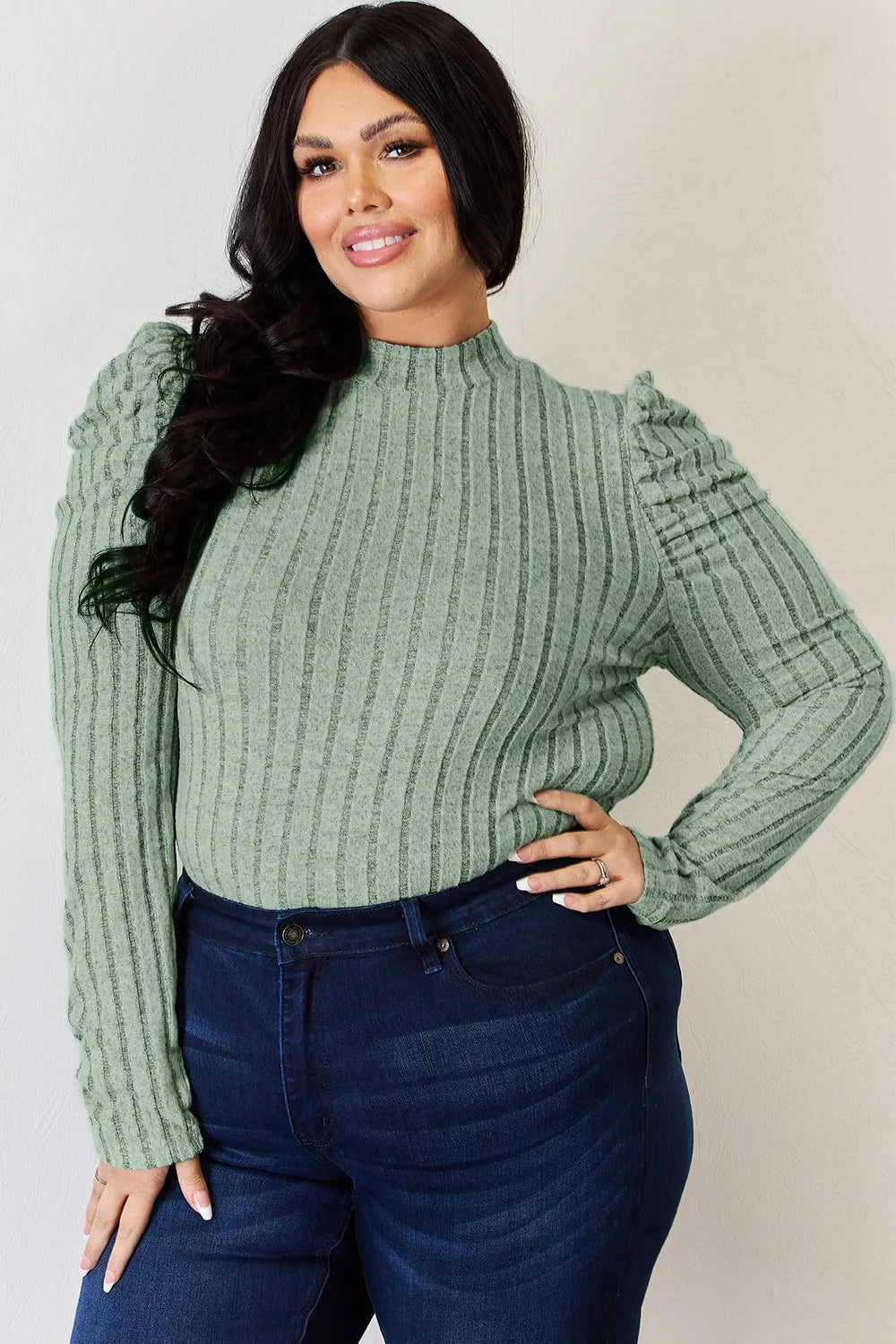 Ciel Delacroix — Basic Bae Full Size Ribbed Mock Neck Puff Sleeve T-Shirt, alternate view 19