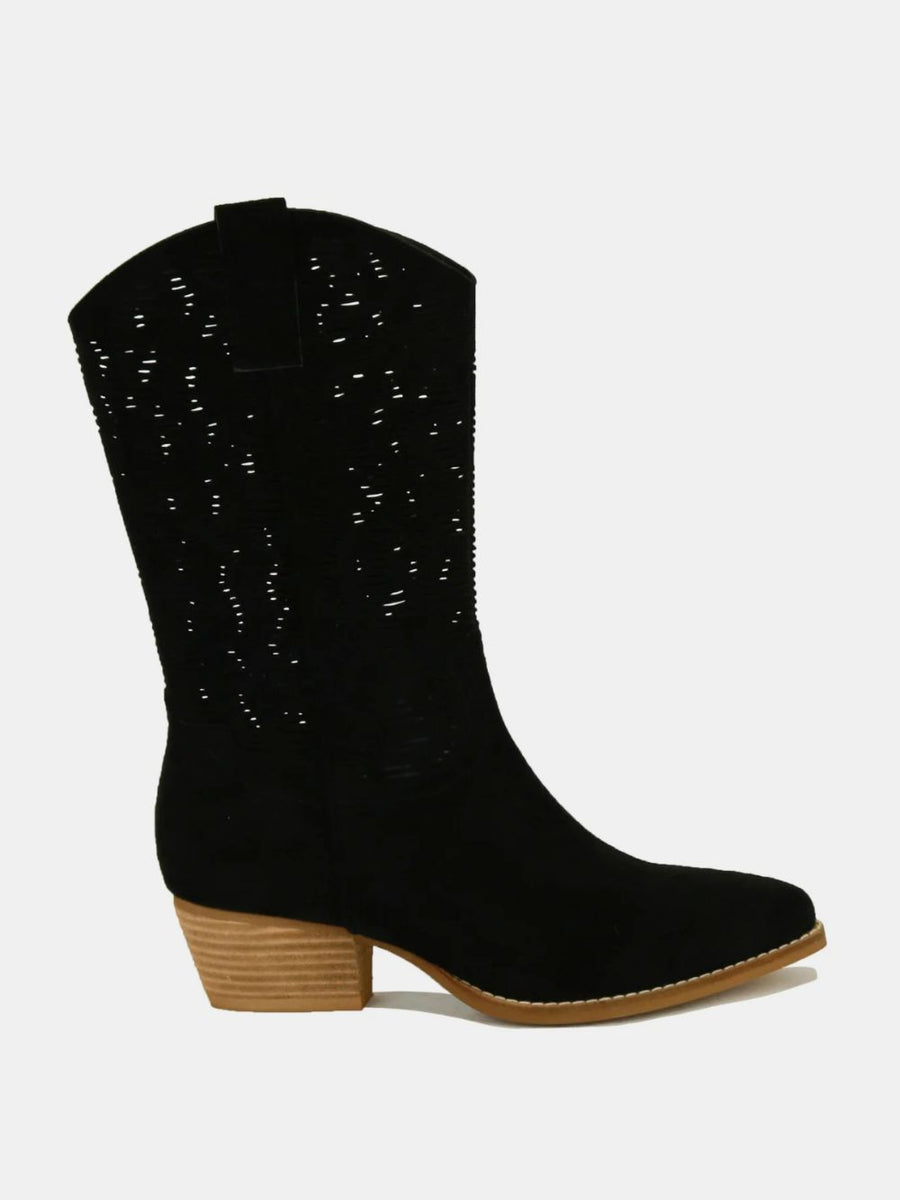 Beast Fashion Faux Suede Laser Cut Detail Block Heel Boots - Opulent Empire