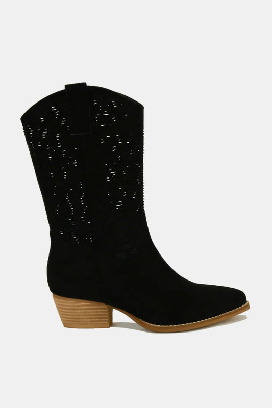 Beast Fashion Faux Suede Laser Cut Detail Block Heel Boots - Opulent Empire