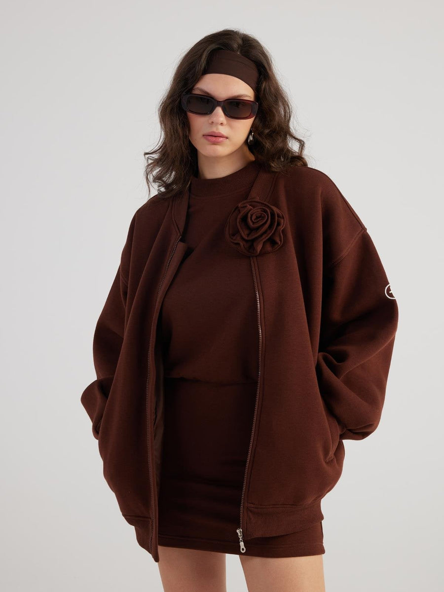 Alexa Brown Oversize Bomber Jacket with Removable Rose Accessory