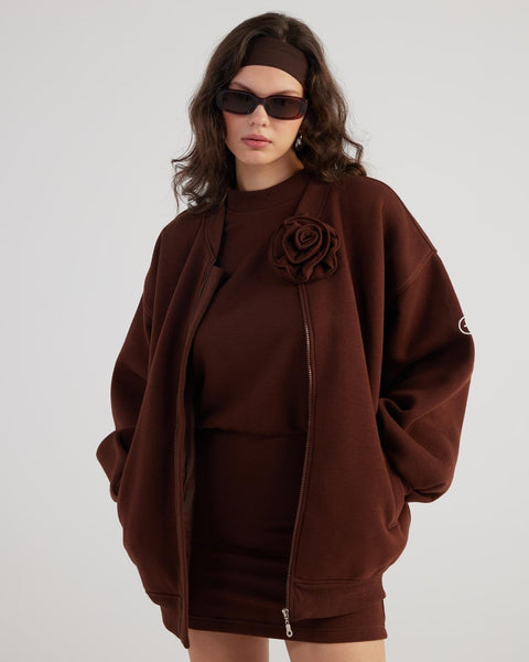 Alexa Brown Oversize Bomber Jacket with Removable Rose Accessory