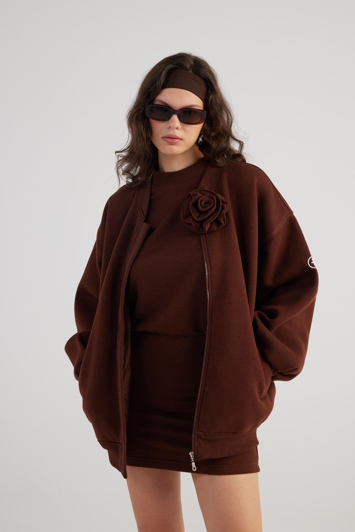 Alexa — Brown Oversize Bomber Jacket with Removable Rose Accessory, alternate view 4