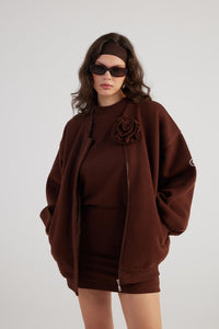 Alexa — Brown Oversize Bomber Jacket with Removable Rose Accessory, alternate view 4
