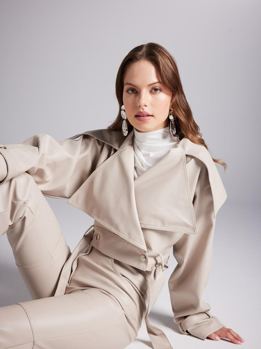 Neeko Beige Faux Leather Cropped Jacket-2