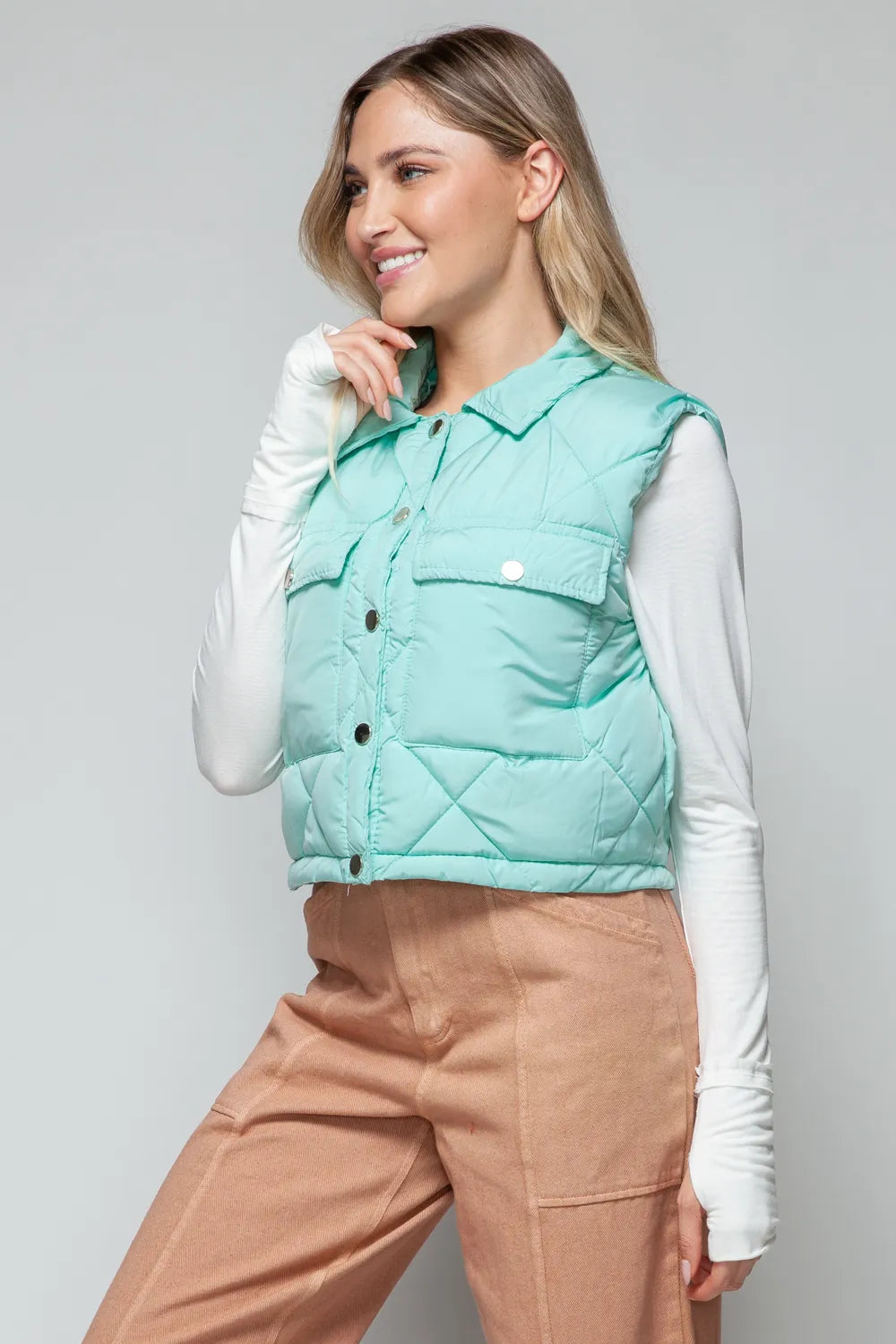 Rowan Rosetti — Snobbish Snap Down Quilted Crop Vest Green Coat or Jacket, alternate view 6