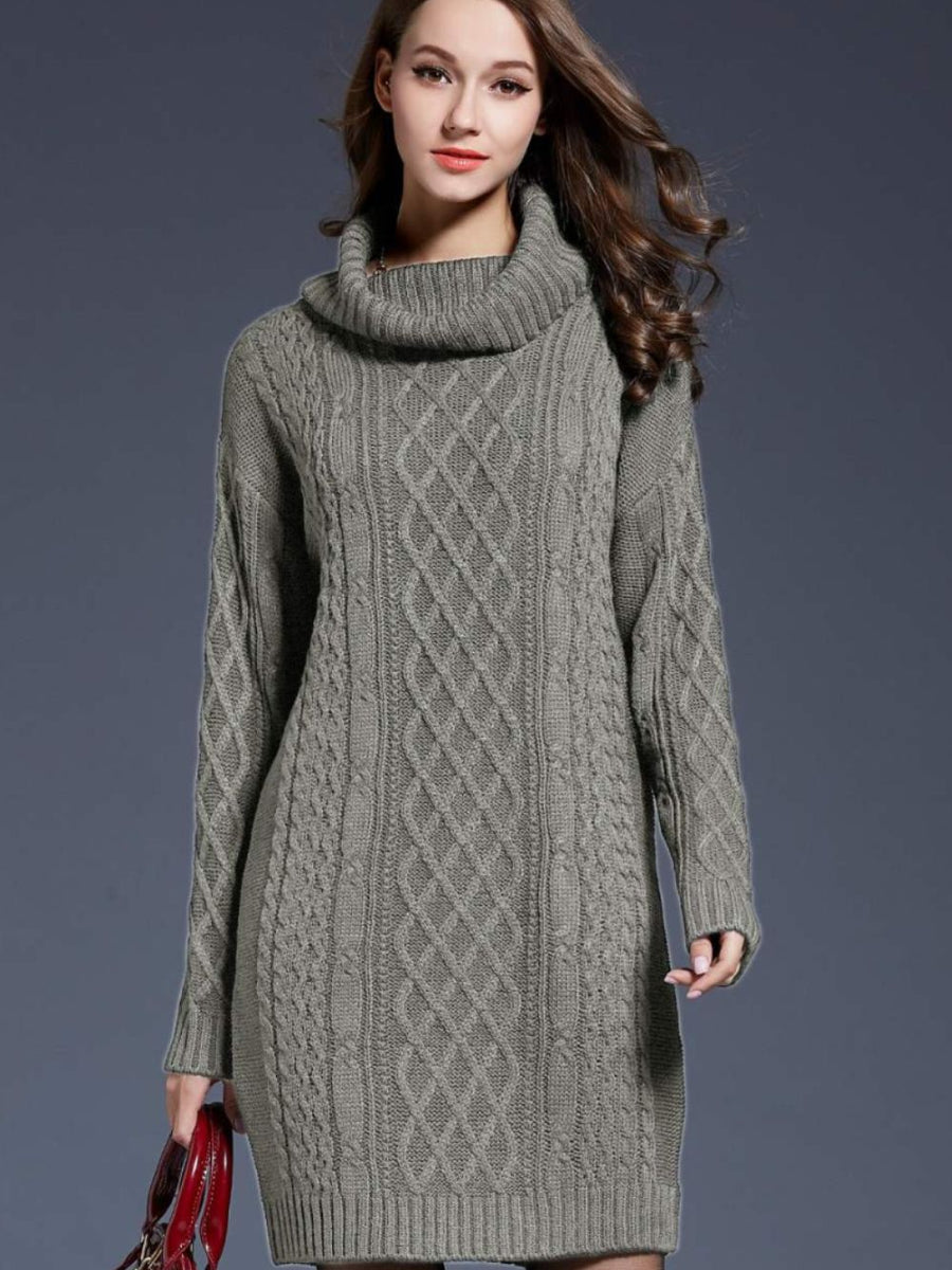 Woven Right Full Size Mixed Knit Cowl Neck Dropped Shoulder Sweater Dress