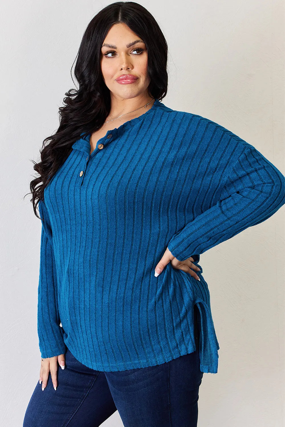 Noa Rousseau — Basic Bae Full Size Ribbed Half Button Long Sleeve High-Low T-Shirt, alternate view 5