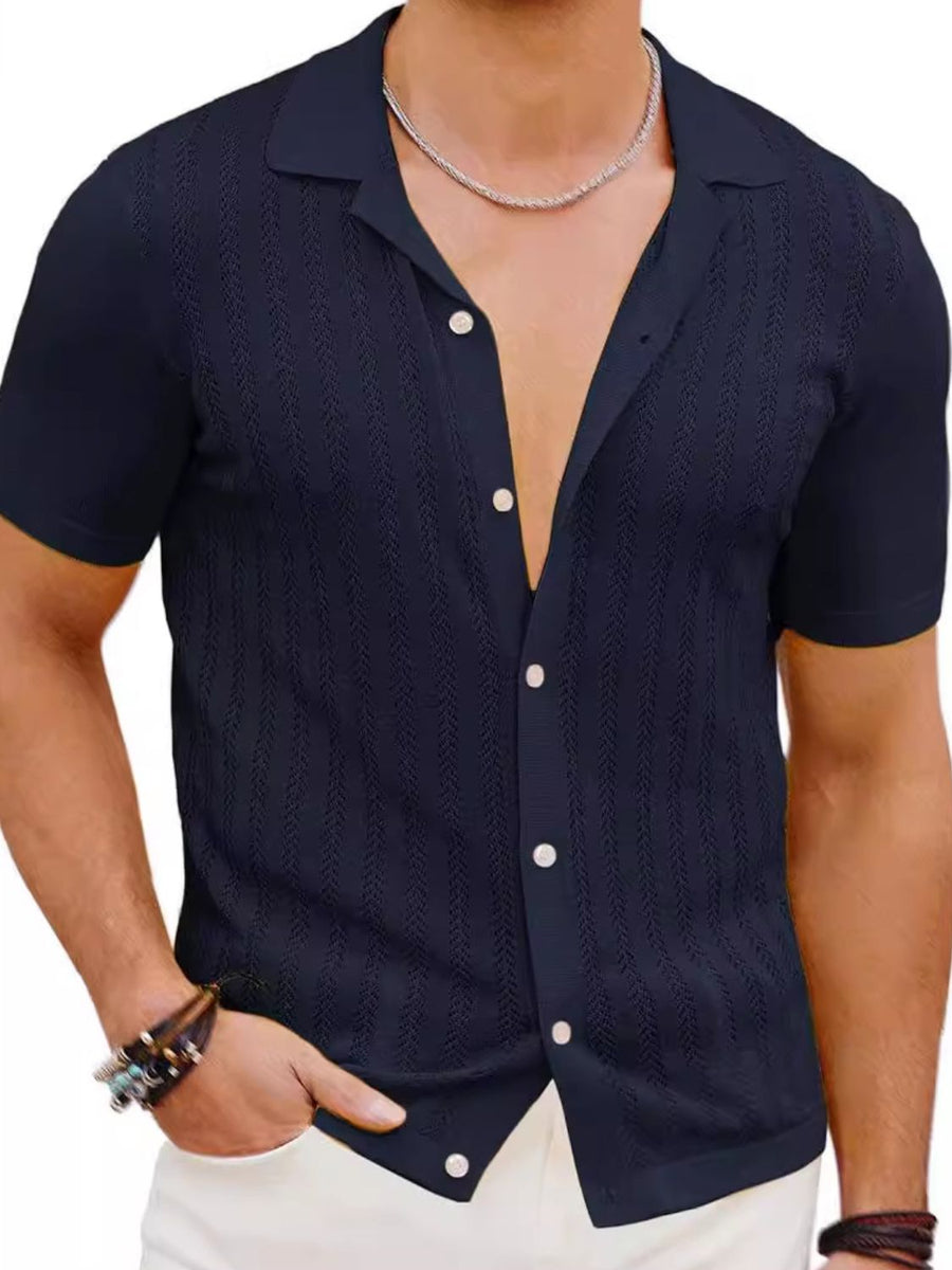 Men's Full Size Openwork Button Down Short Sleeve Shirt Plus Size - Opulent Empire