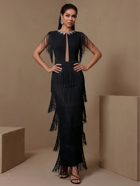 Solenne Marais — Rhinestone Cutout Tiered Fringe Bandage Dress, alternate view 2