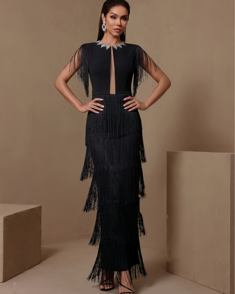 Solenne Marais — Rhinestone Cutout Tiered Fringe Bandage Dress, alternate view 2