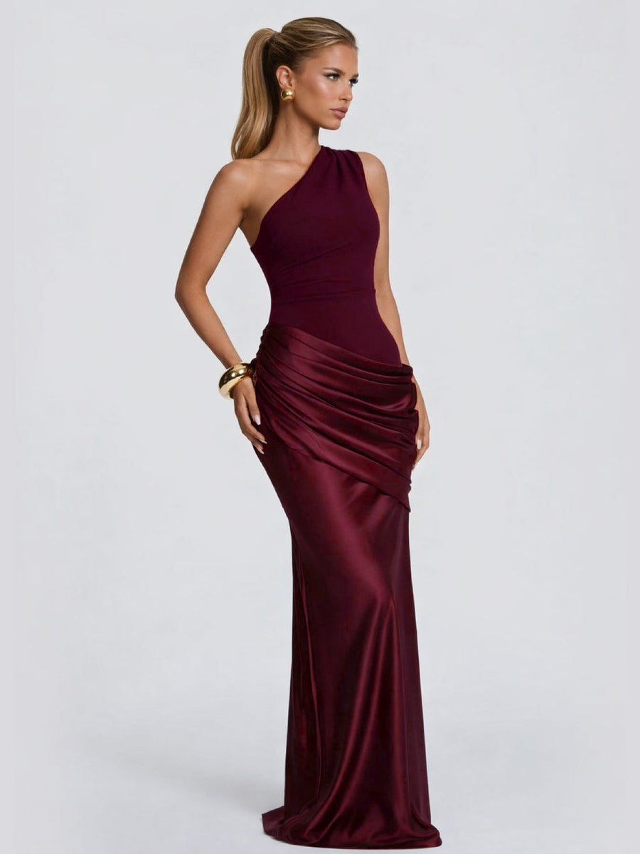 Slanted Shoulder Ruched Satin Maxi Dress