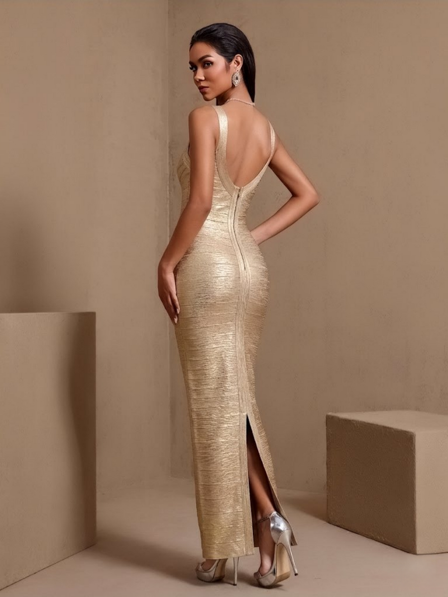 Luxury Gold-Foil Bandage Maxi Dress