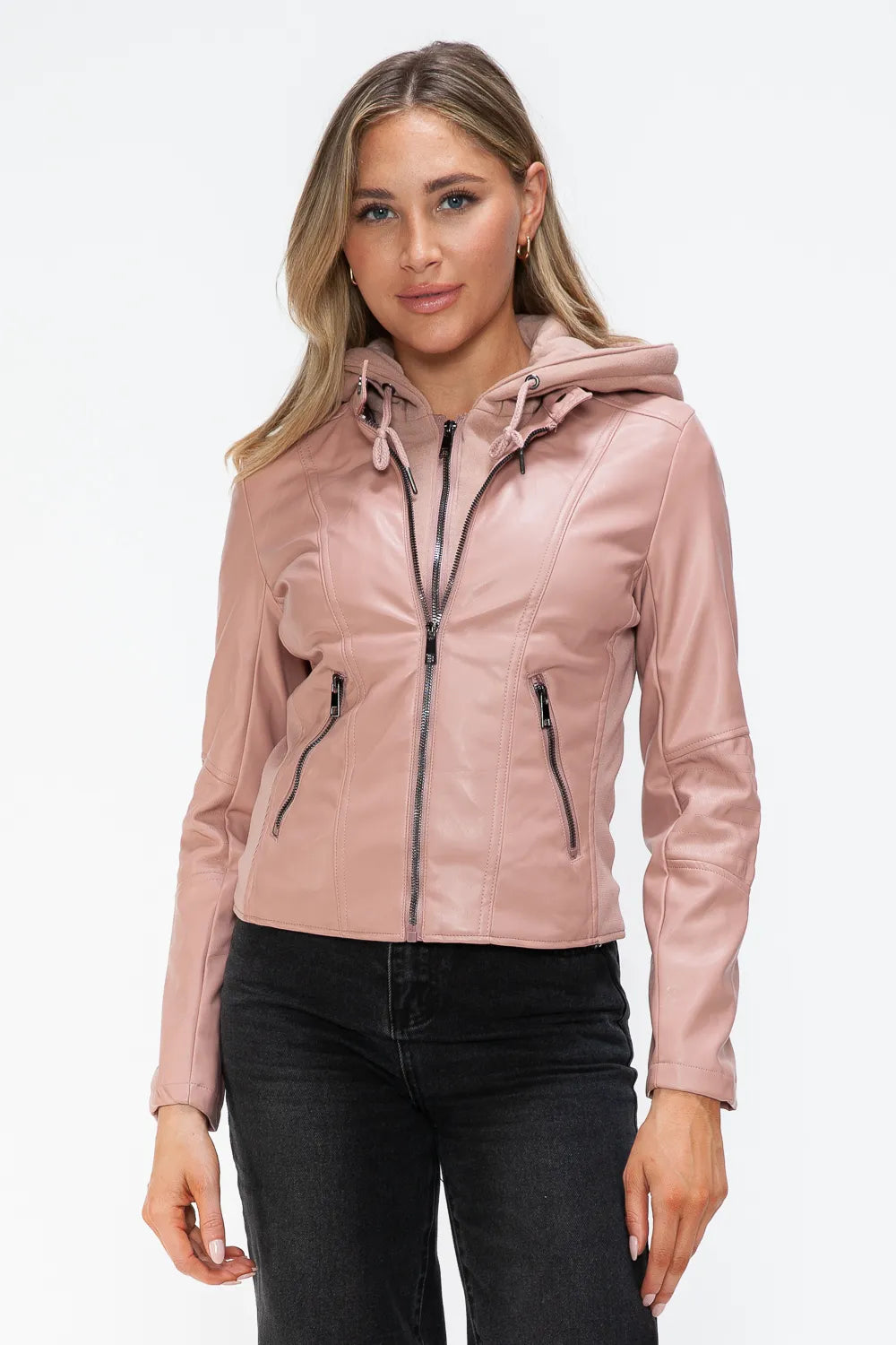 Rain Rosetti — Snobbish Faux Leather Zip Up Drawstring Hooded Jacket, alternate view 30
