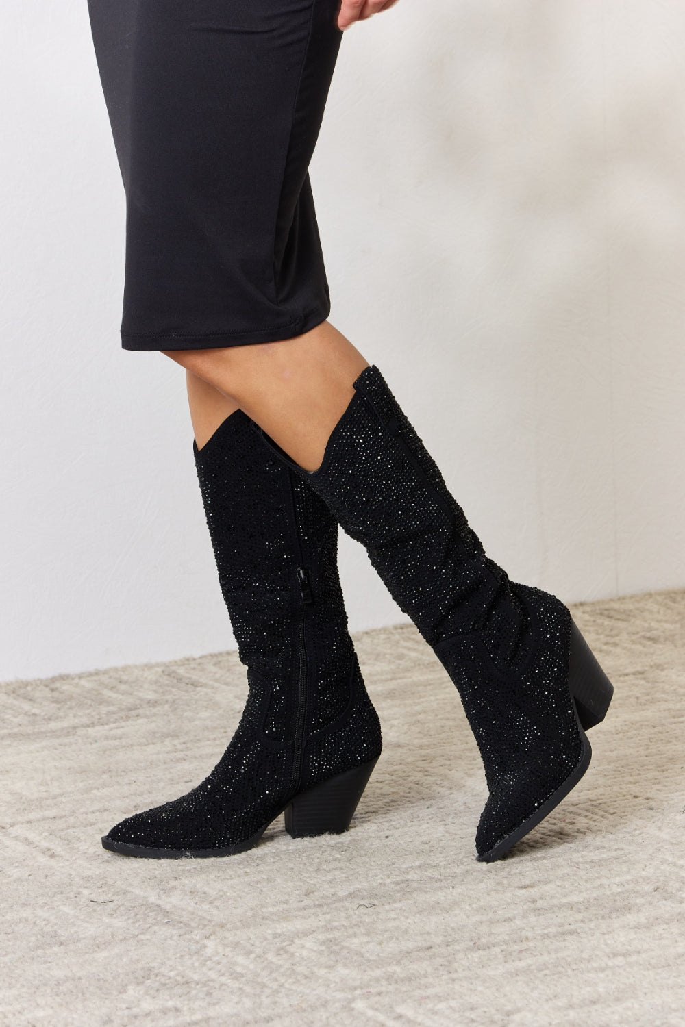 Lake Beaumont — Forever Link Rhinestone Knee High Cowboy Boots Black Fashion Footwear, alternate view 3