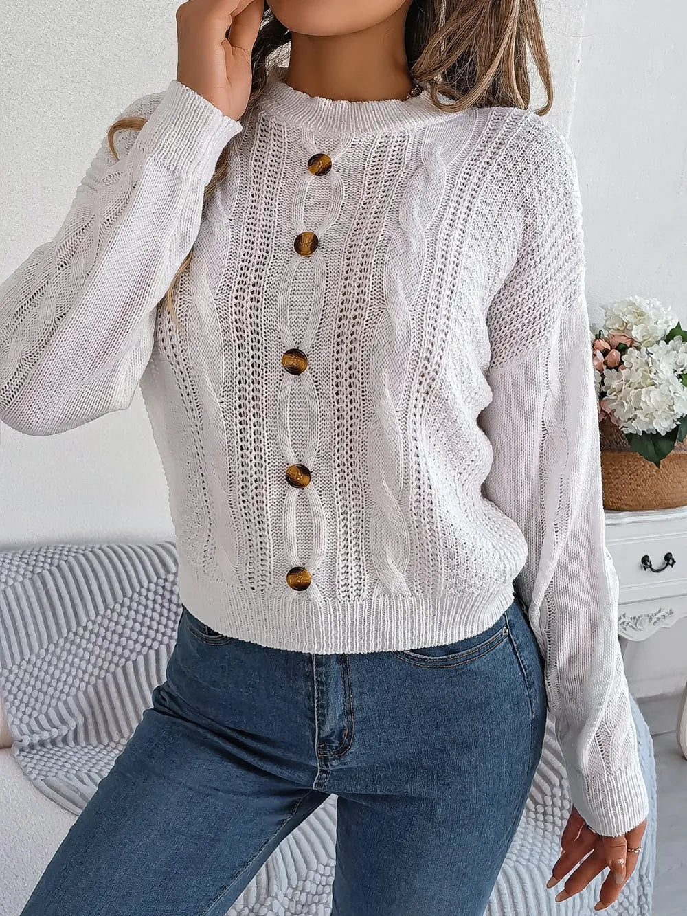 Wren Valmont — Cable-Knit Buttoned Round Neck Sweater, alternate view 6