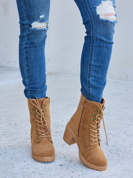 Forever Link Lace-Up Zipper Detail Block Heel Boots - Opulent Empire