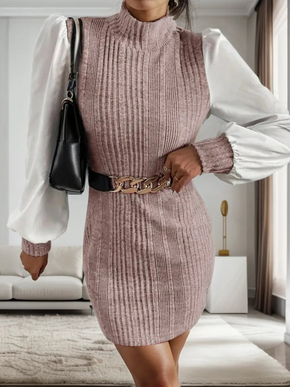 Nova Rivière — Ribbed Contrast Long Sleeve Sweater Dress, alternate view 4