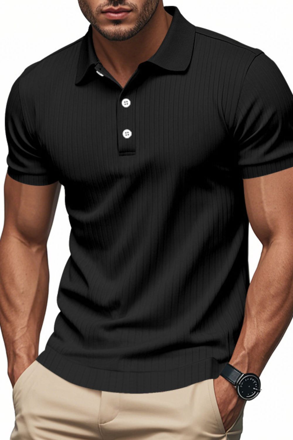Matteo — Men's Full Size Ribbed Short Sleeve Polo Plus Size Men's Tailored Shorts, alternate view 3