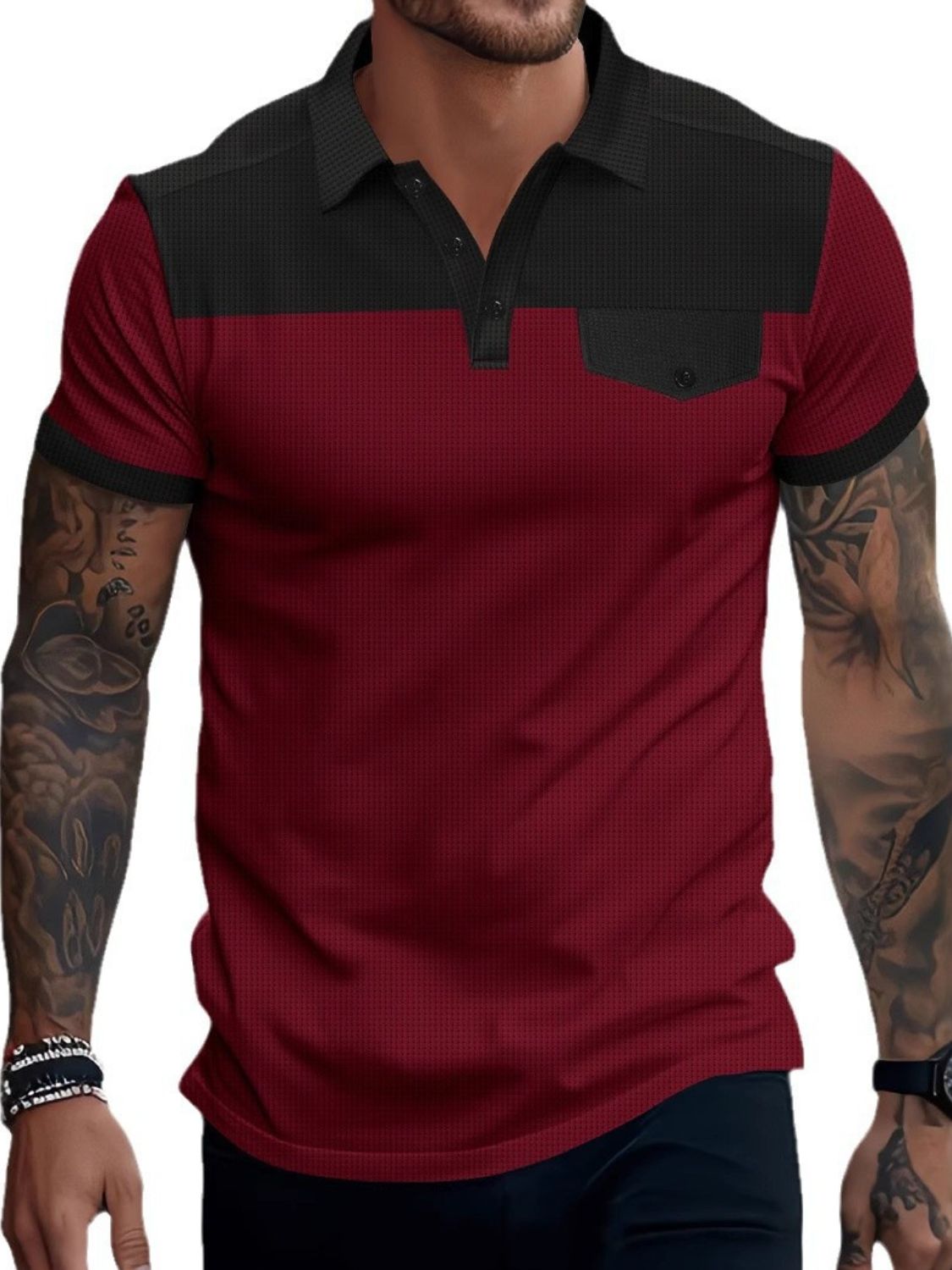 Damian — Men's Full Size Waffle-Knit Collared Contrast Polo Plus Size, alternate view 3