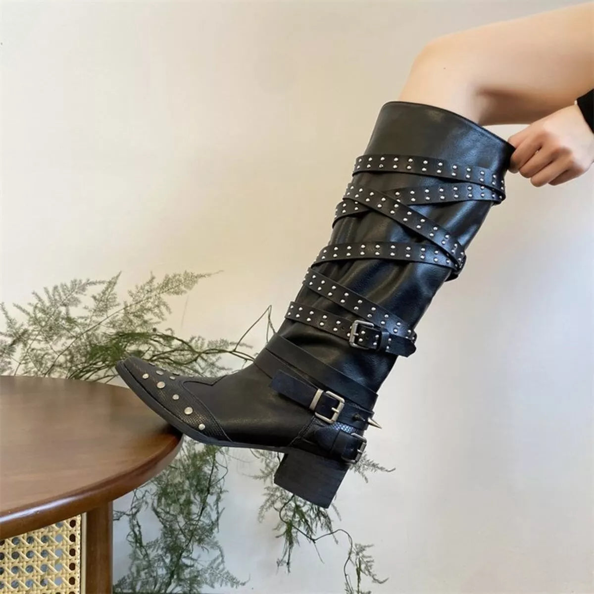 Reese Fiorenza — Studded Buckle Block Heel Boots